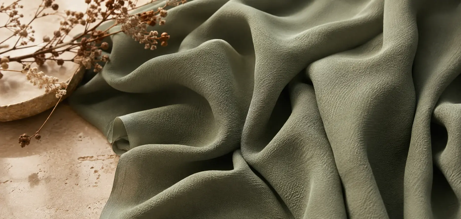 Sage green Elbra viscose crepe fabric with a soft textured surface and elegant flowing folds.