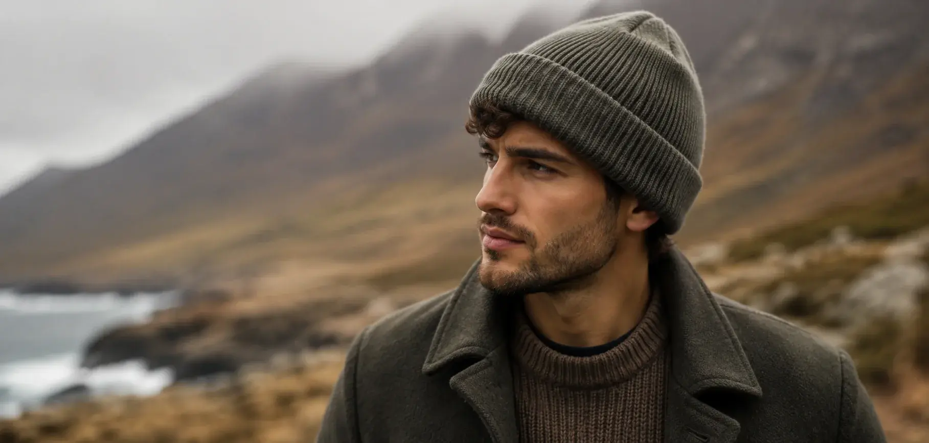 Man wearing a folded-brim beanie near a mountain coastline.