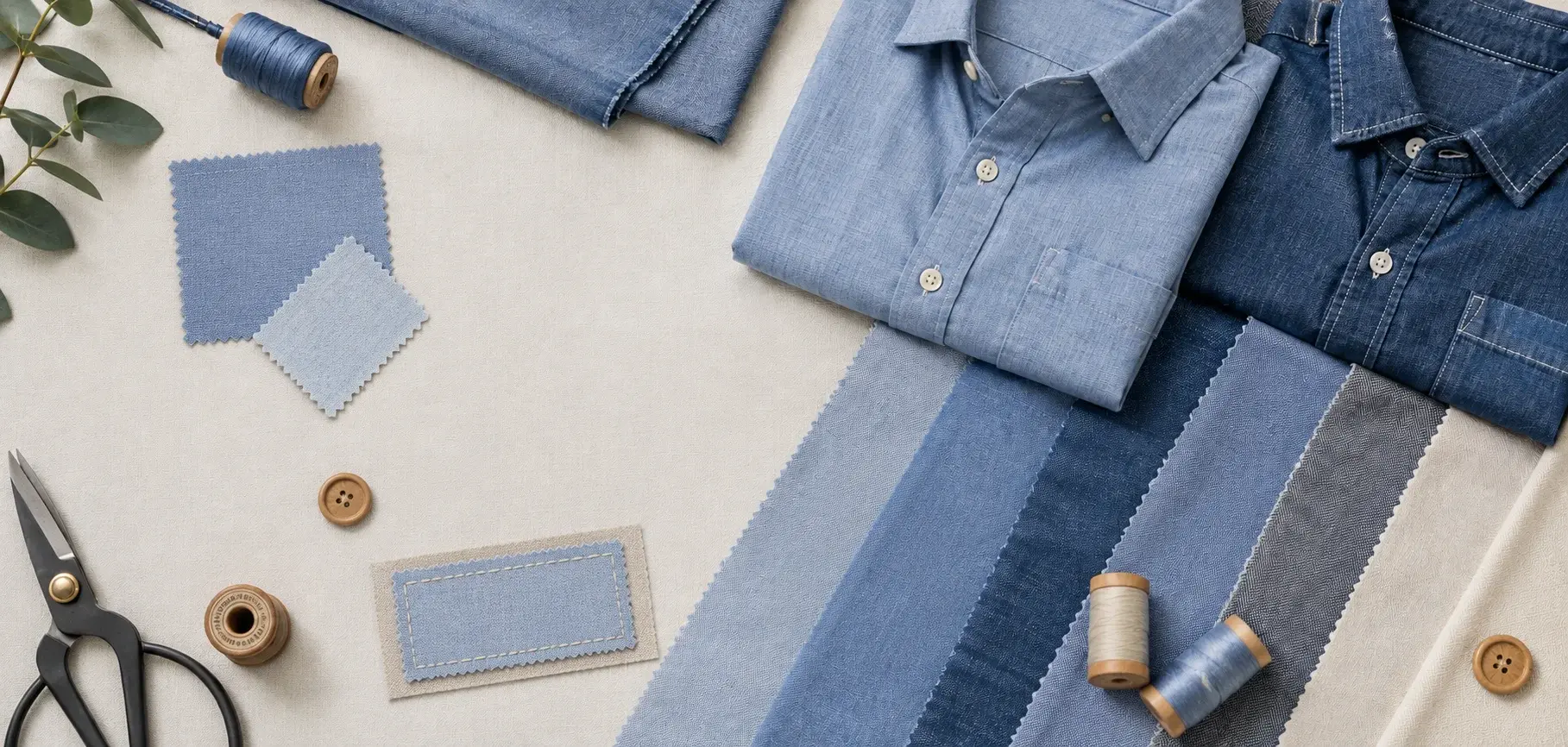Blue chambray shirts and fabric swatches displayed with sewing accessories.