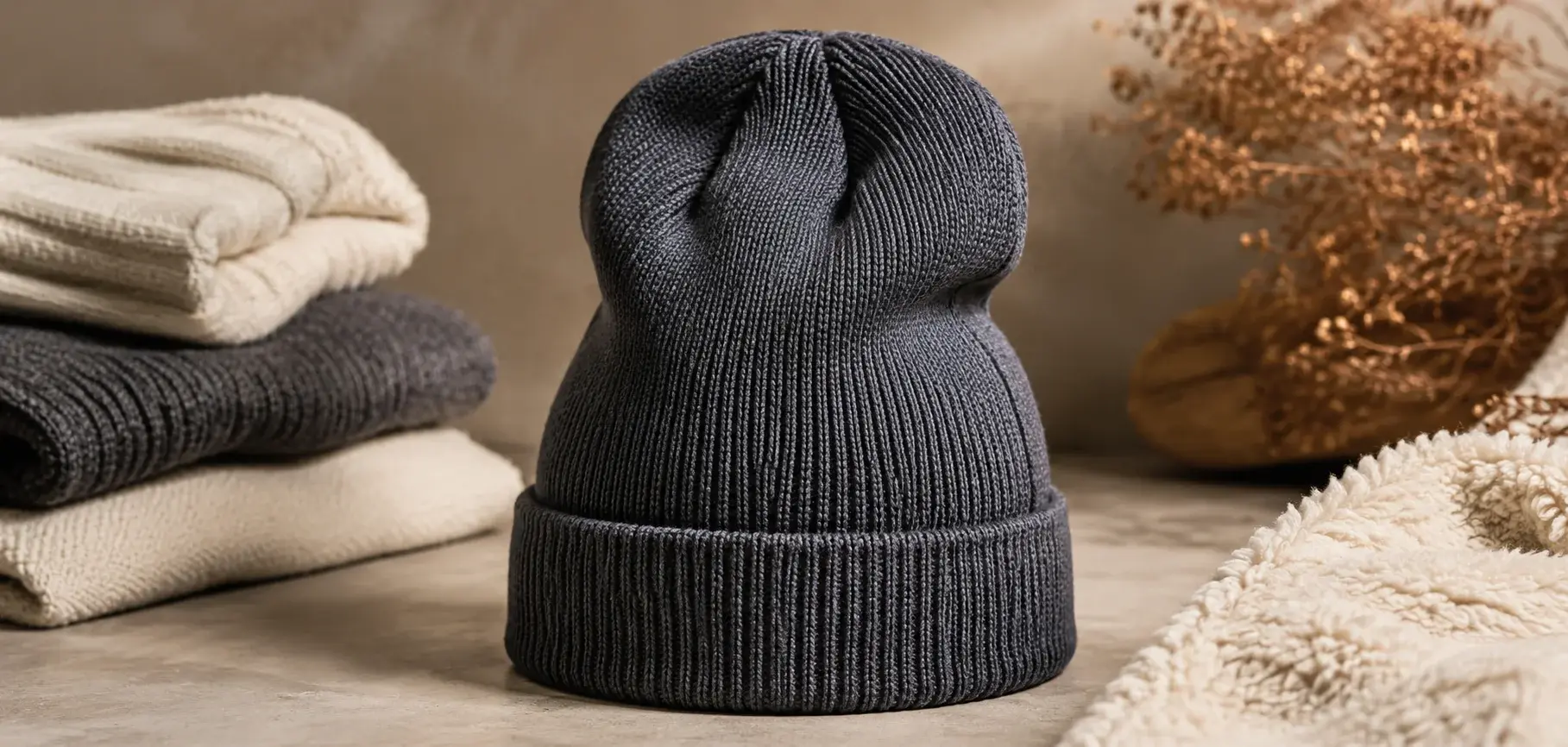 Charcoal high-top beanie displayed with cozy neutral knitwear.