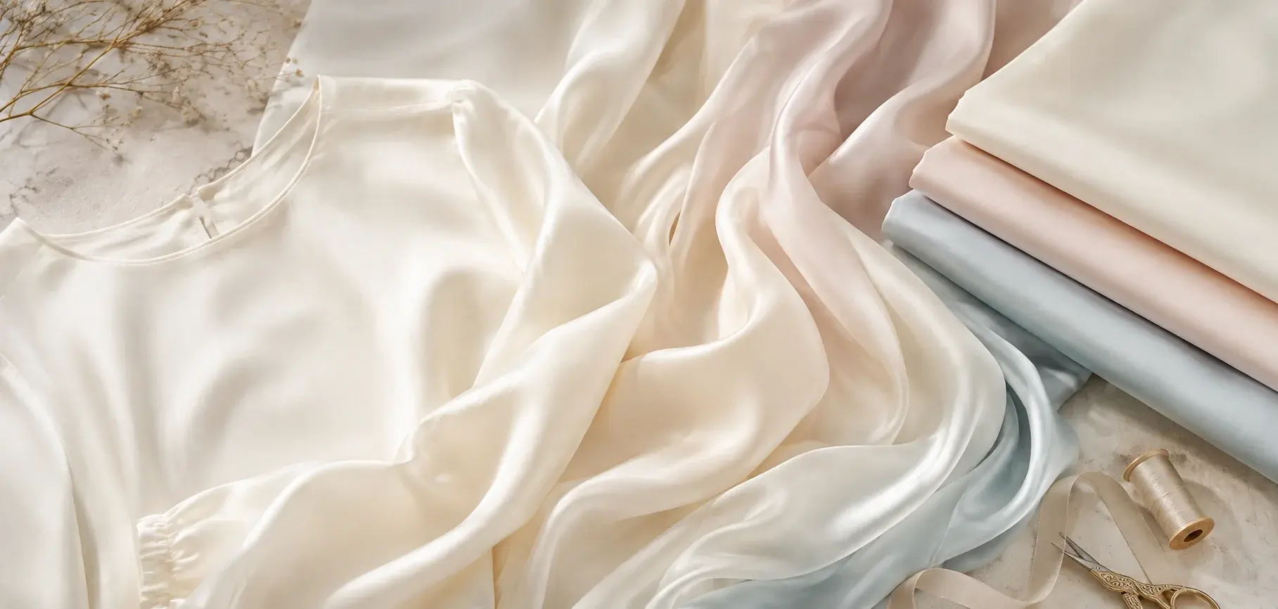 Soft ivory habutai fabric with a lightweight blouse, flowing drapes, and folded pastel fabric pieces.