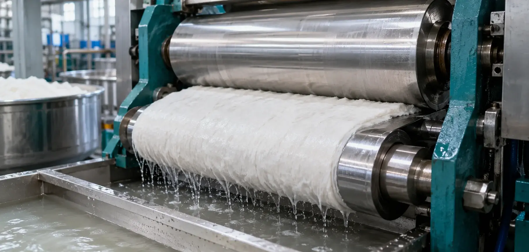 Wet alkali cellulose being pressed between industrial rollers to remove excess liquid during viscose fabric manufacturing.