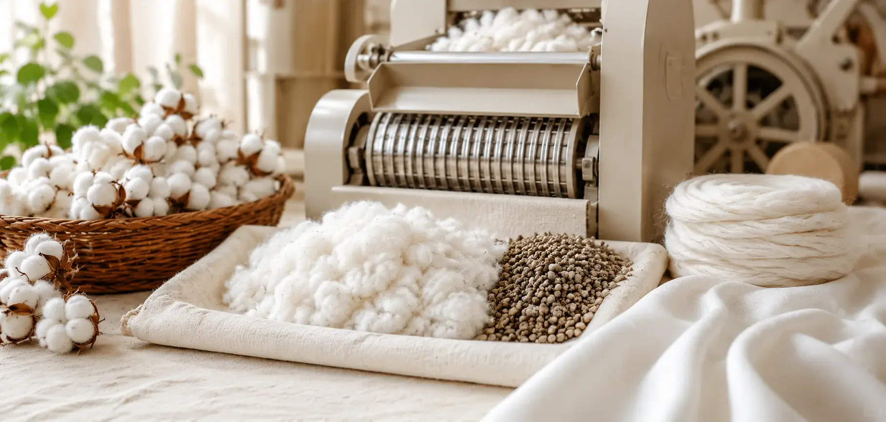 Pima cotton ginning process separating fluffy cotton fibers from seeds using a cotton gin machine.