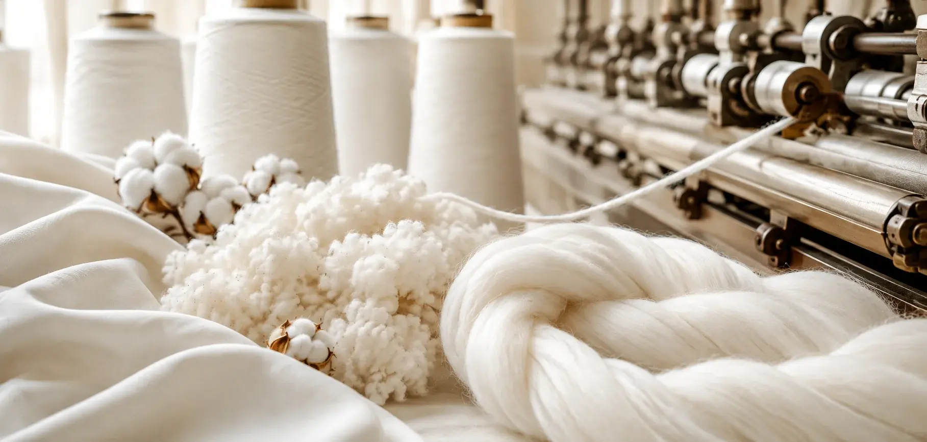 Pima cotton fibers being spun into fine yarn using textile spinning machinery.