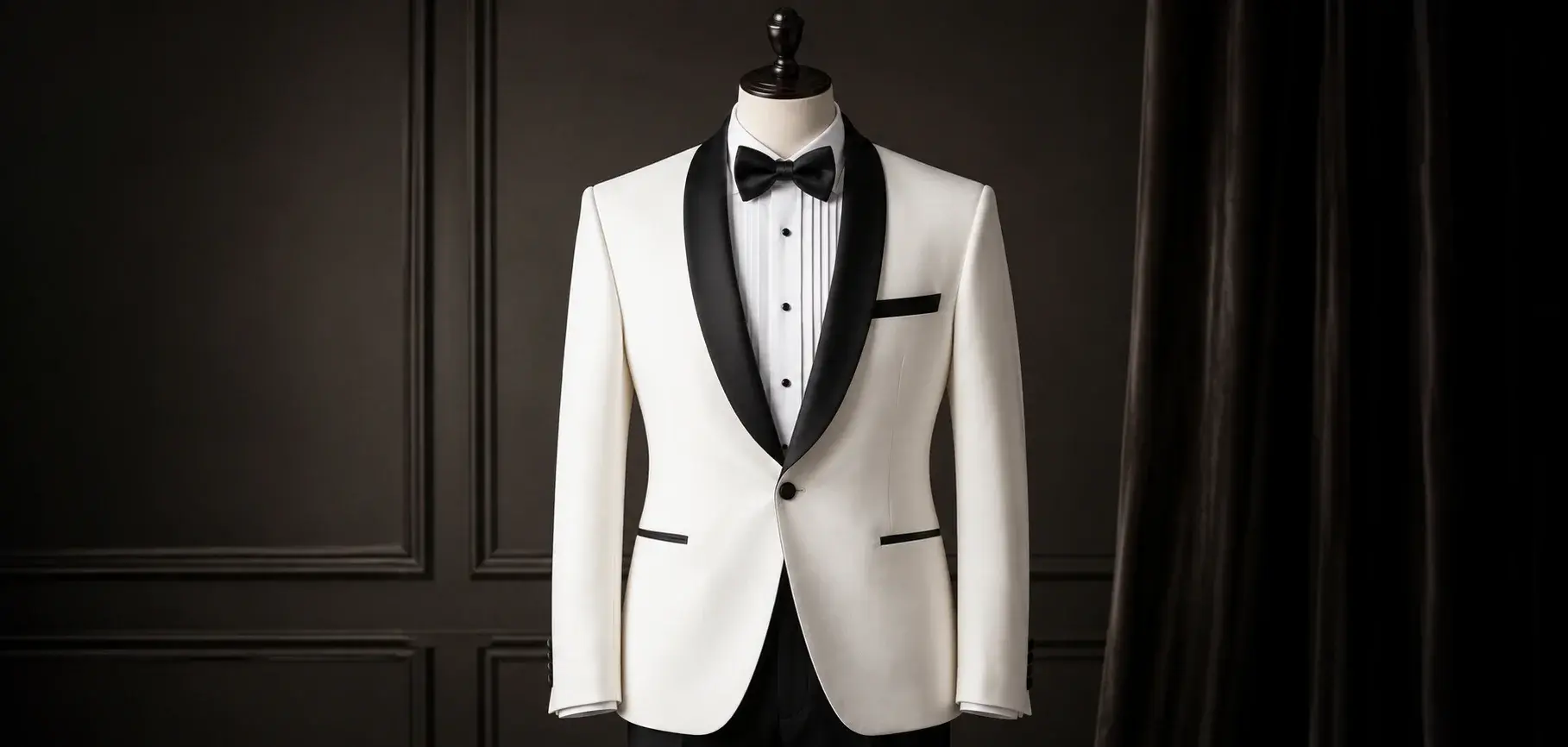 White tuxedo jacket mockup with black shawl lapels and bow tie in an elegant dark interior
