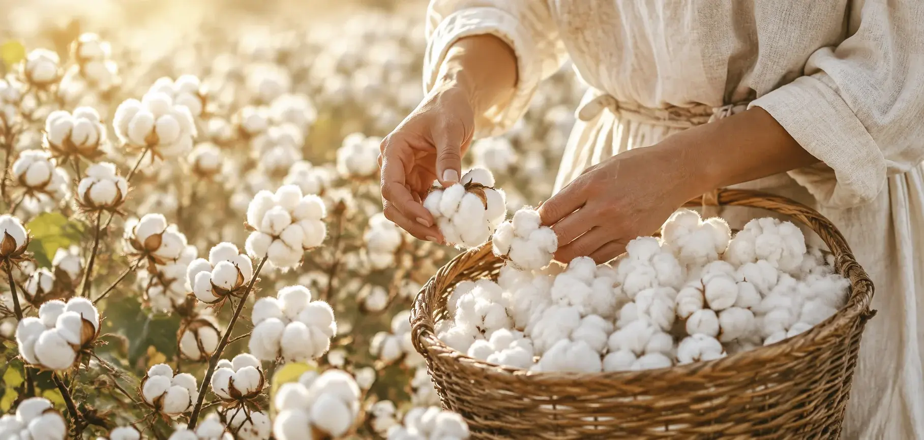 Hand harvesting fresh Pima cotton bolls into a woven basket in a sunlit cotton field.