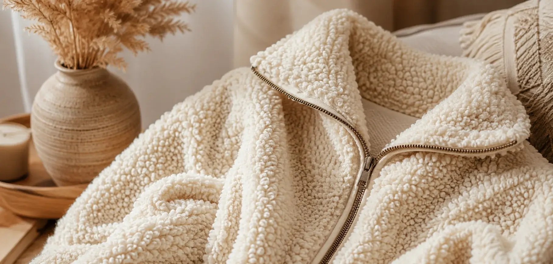 Cream Berber fleece jacket with thick, soft sherpa texture in a cozy neutral setting.
