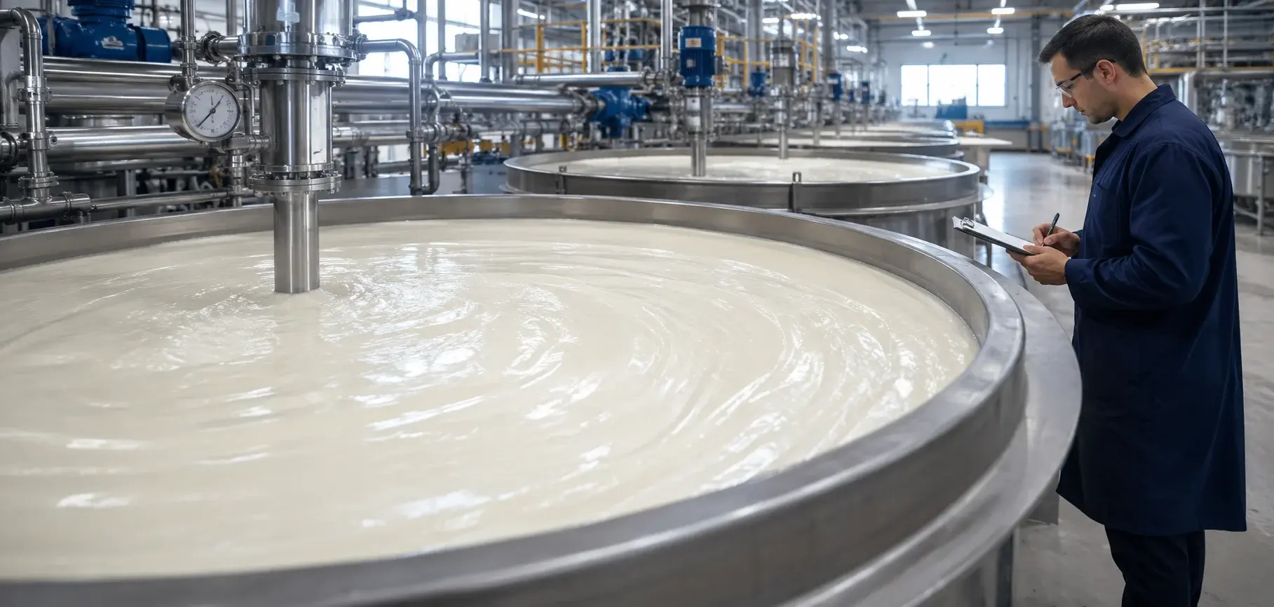 Viscose solution ripening in large stainless steel tanks under controlled industrial conditions.
