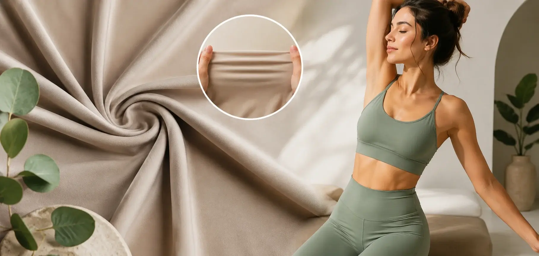 Stretchable viscose lycra fabric shown with a close-up stretch test and fitted activewear.