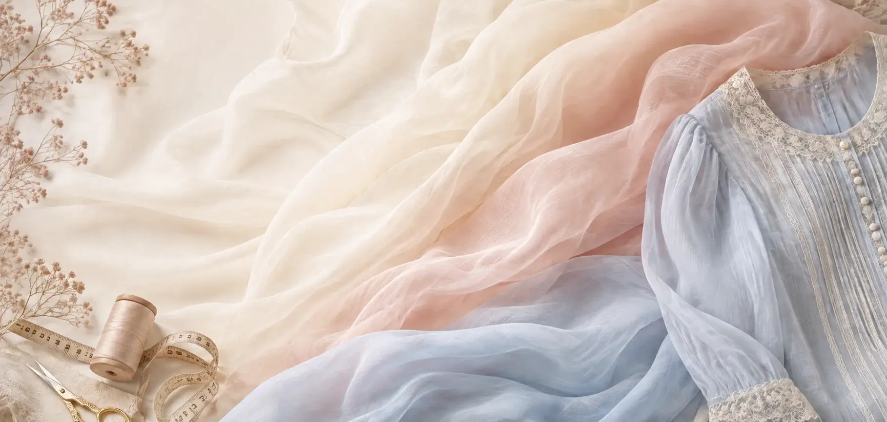 Soft pastel batiste fabric with a delicate light blue blouse, lace details, and sewing accessories.