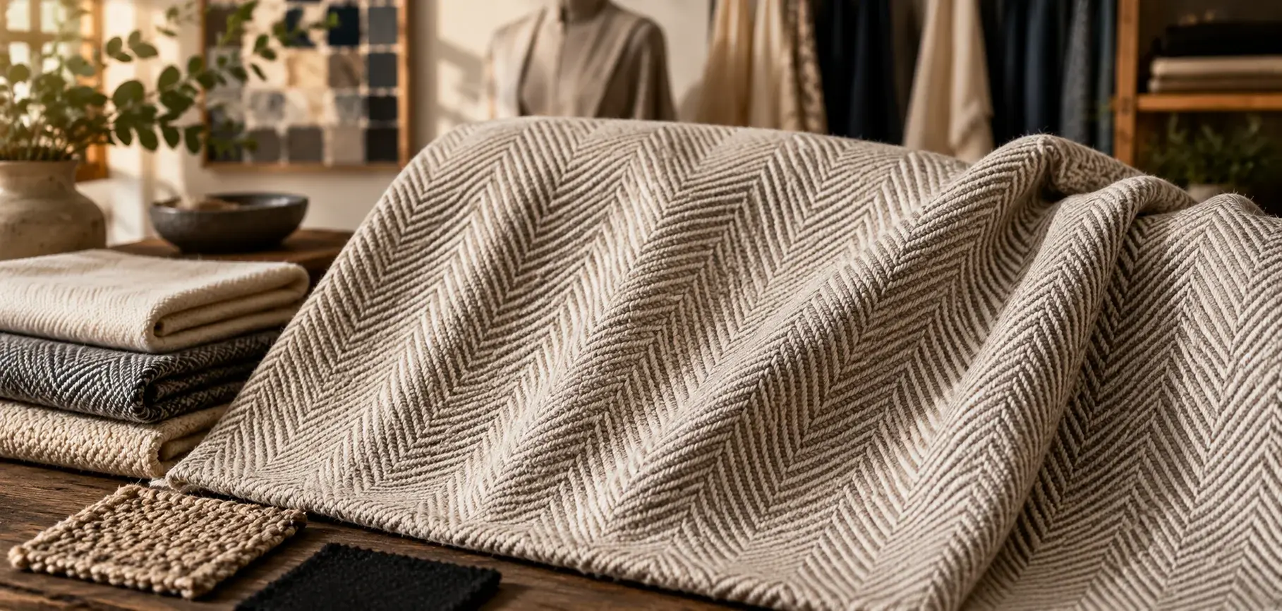 Beige herringbone weave fabric with a distinctive zigzag chevron pattern and textured surface.