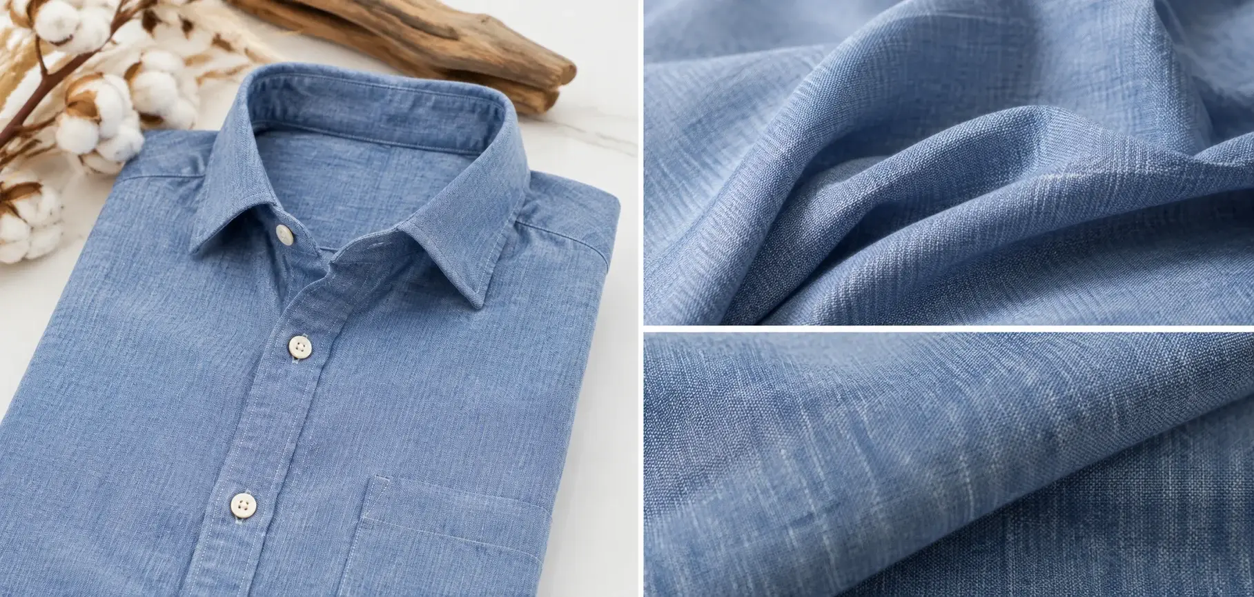 Light blue chambray shirt with soft woven fabric folds and close-up texture details.