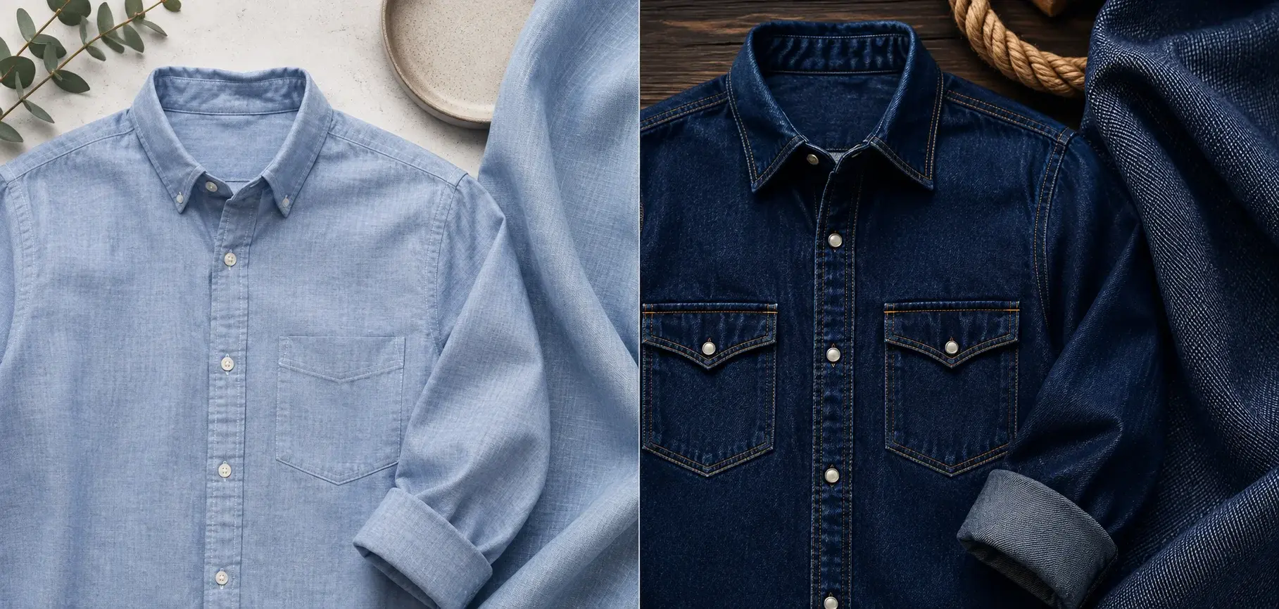 Light blue chambray shirt compared with dark indigo denim shirt, highlighting differences in texture, weave, and fabric weight.