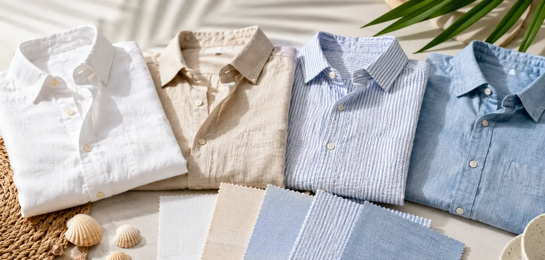 Lightweight summer shirts in linen, cotton, seersucker, and chambray with matching fabric swatches.