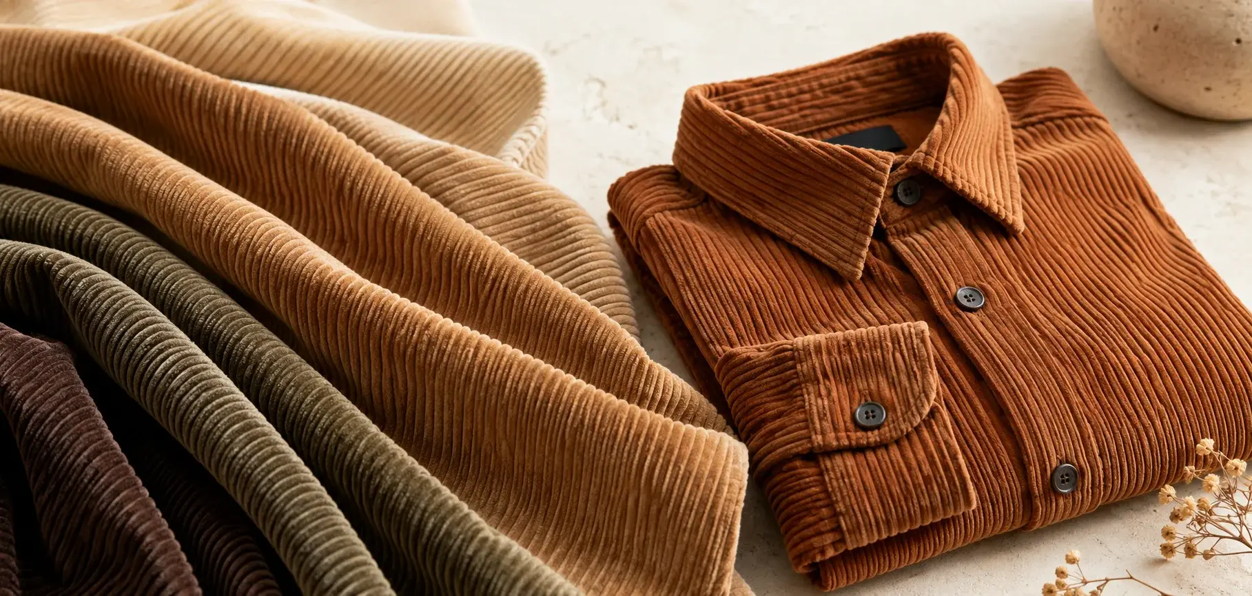 Rust-colored corduroy shirt with ribbed fabric folds in warm earthy tones.