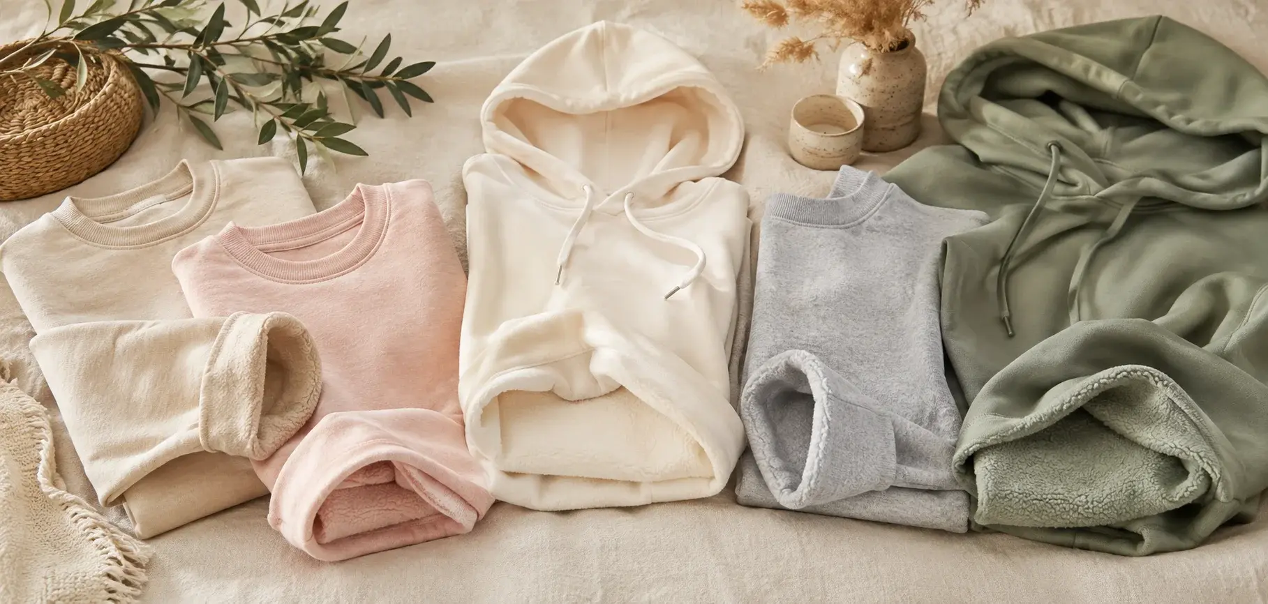 Soft cotton fleece hoodies and sweatshirts in cream, pink, gray, and sage with plush brushed interiors.