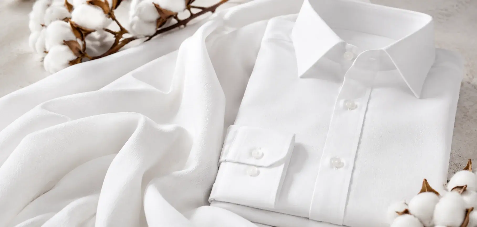 White cotton shirt with soft cotton fabric and natural cotton bolls.
