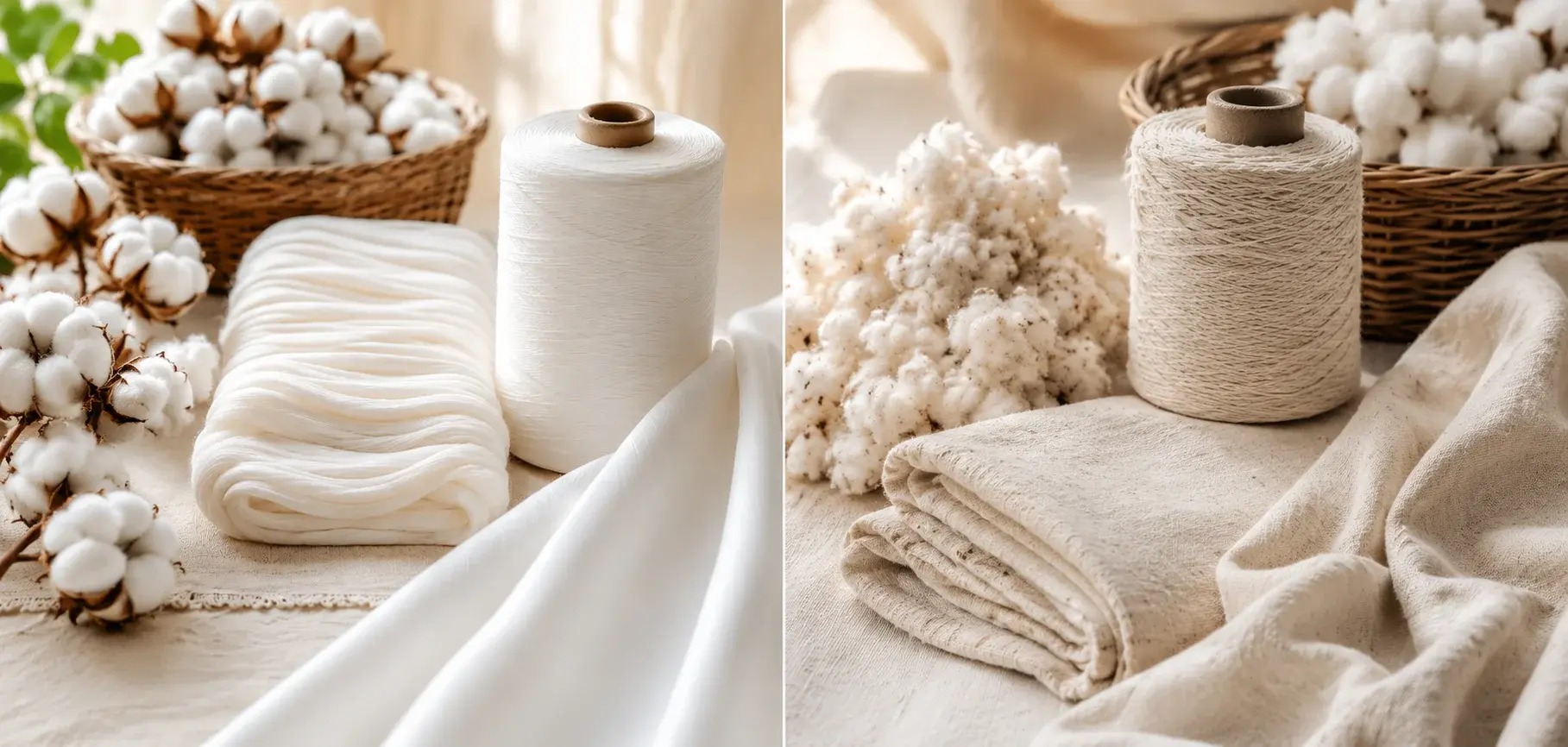 Side-by-side comparison of premium smooth Pima cotton and coarser standard cotton fibers, yarn, and fabric.