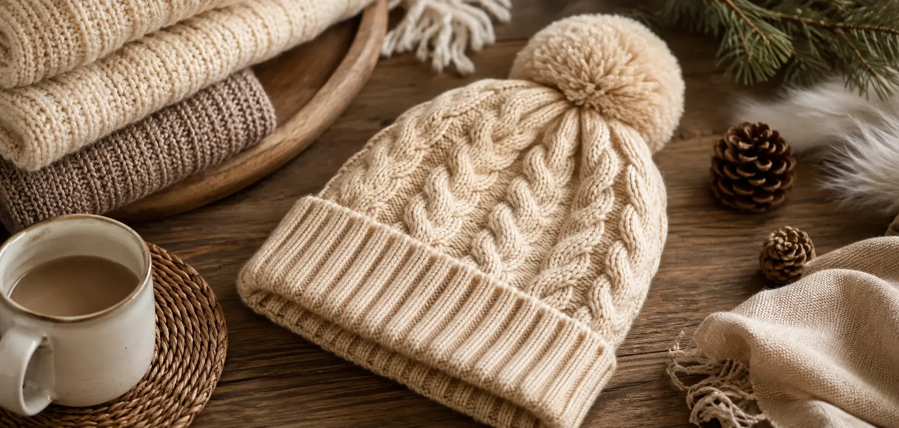 Cream cable-knit beanie with pom-pom and cozy winter accessories