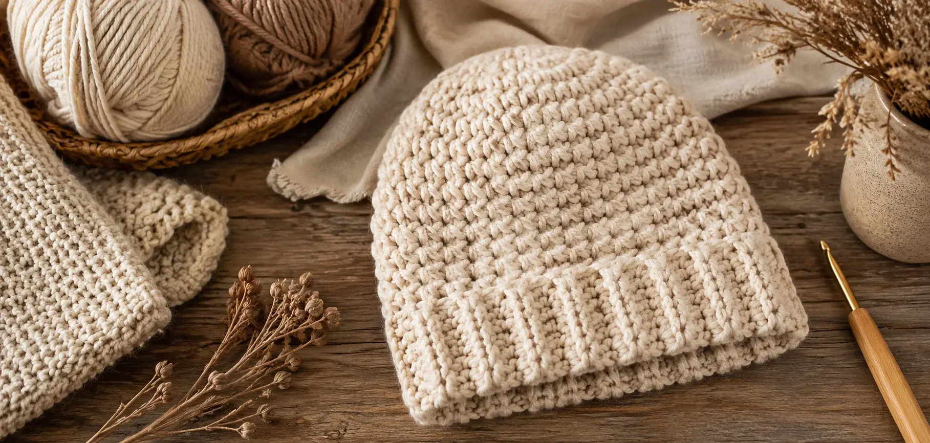 Cream hand-crocheted beanie with yarn and a crochet hook