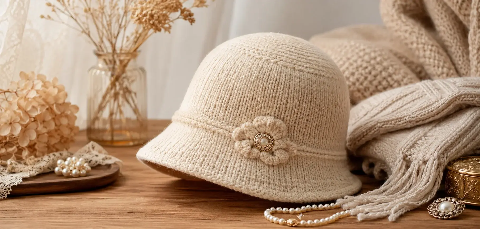 Cream knitted cloche beanie with a floral accent and pearl accessories.