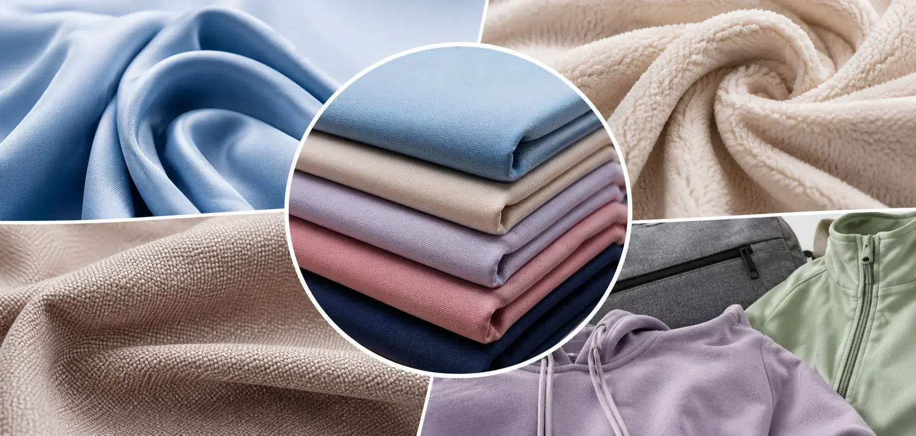 Collage showing different polyester fabrics, including smooth, fleece, woven, and apparel-grade polyester materials.