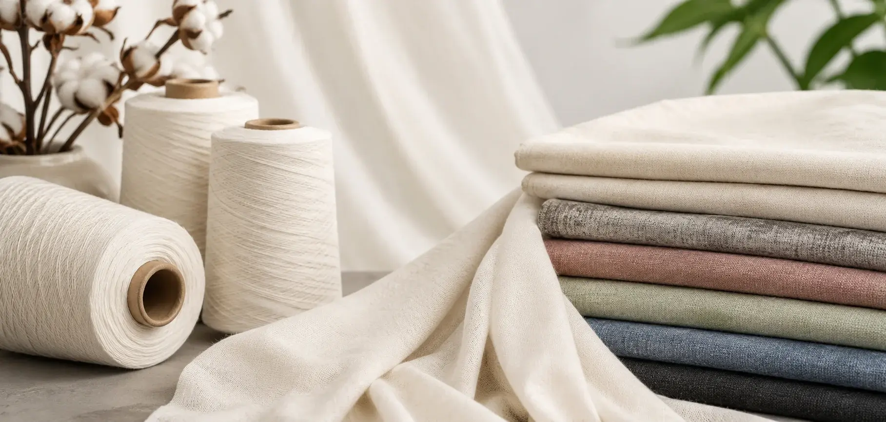 Spun polyester yarn cones displayed beside soft woven fabric rolls in neutral and earthy colors.
