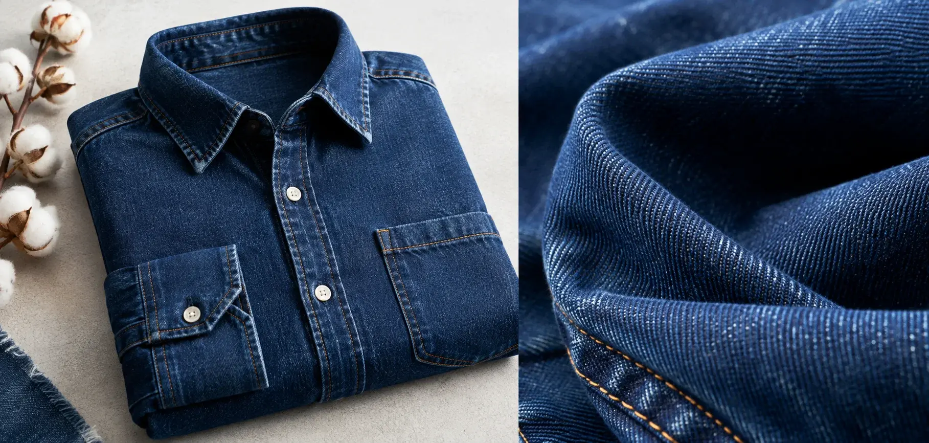 Dark blue denim shirt with indigo fabric folds, contrast stitching, and close-up twill weave texture.