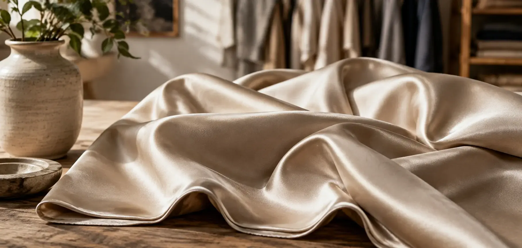 Smooth champagne satin weave fabric with a glossy surface and soft flowing folds.