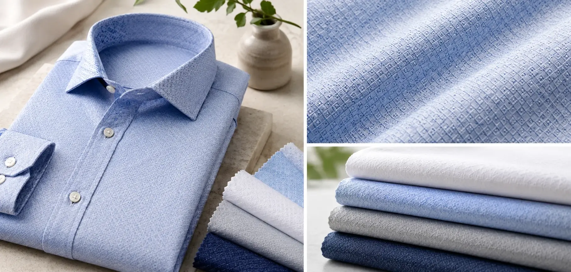 Light blue dobby weave shirt with subtle geometric texture and folded fabric swatches.