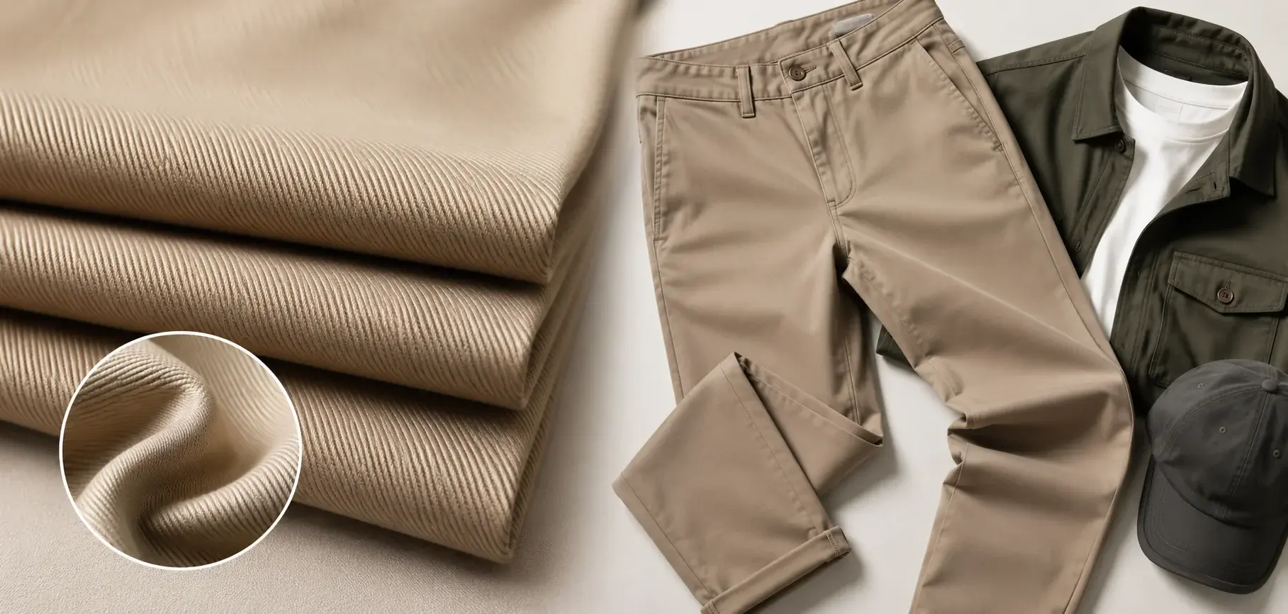 Beige stretch twill fabric with chinos and casual apparel showing its flexible diagonal weave texture.
