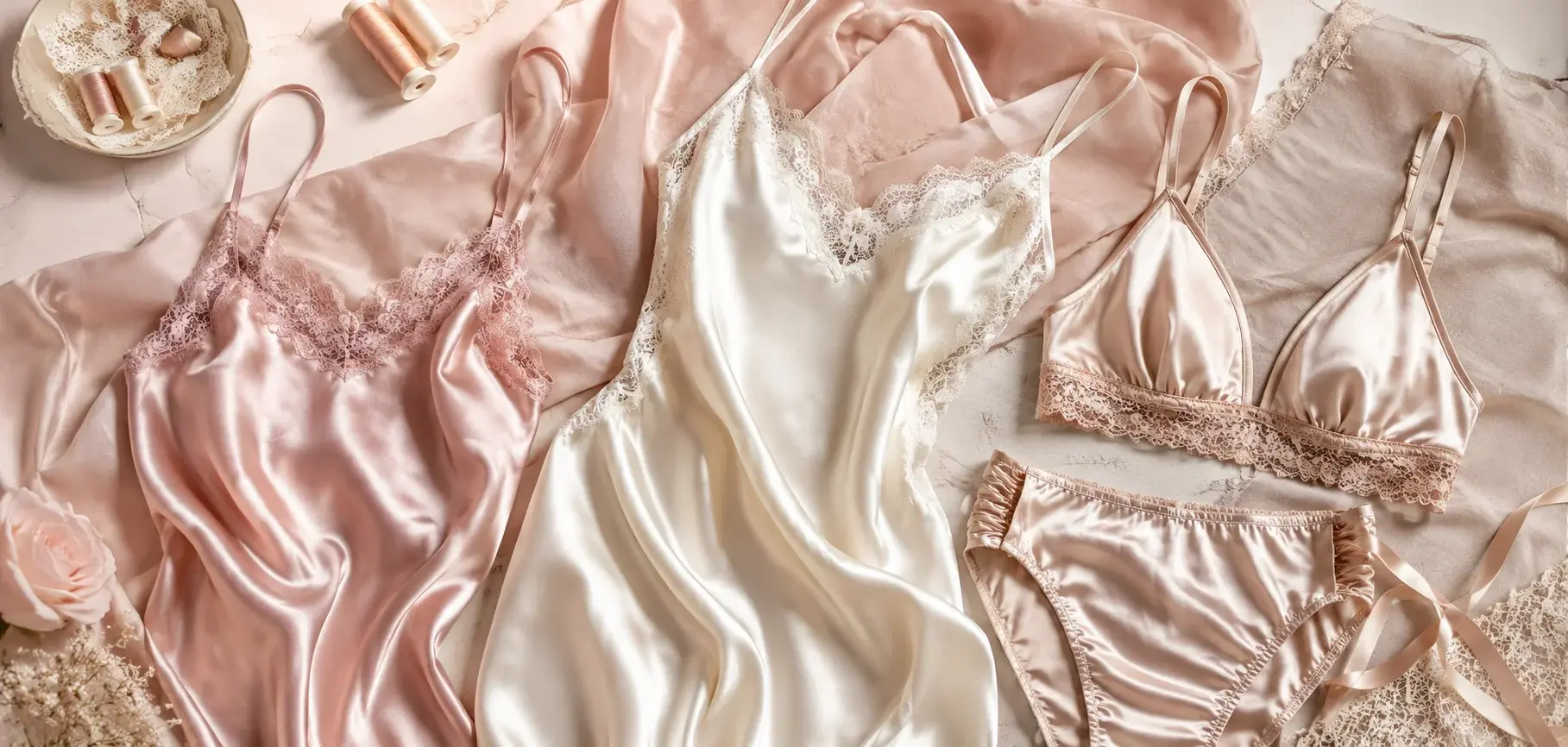 Blush pink and ivory charmeuse lingerie with lace details and matching fabric.