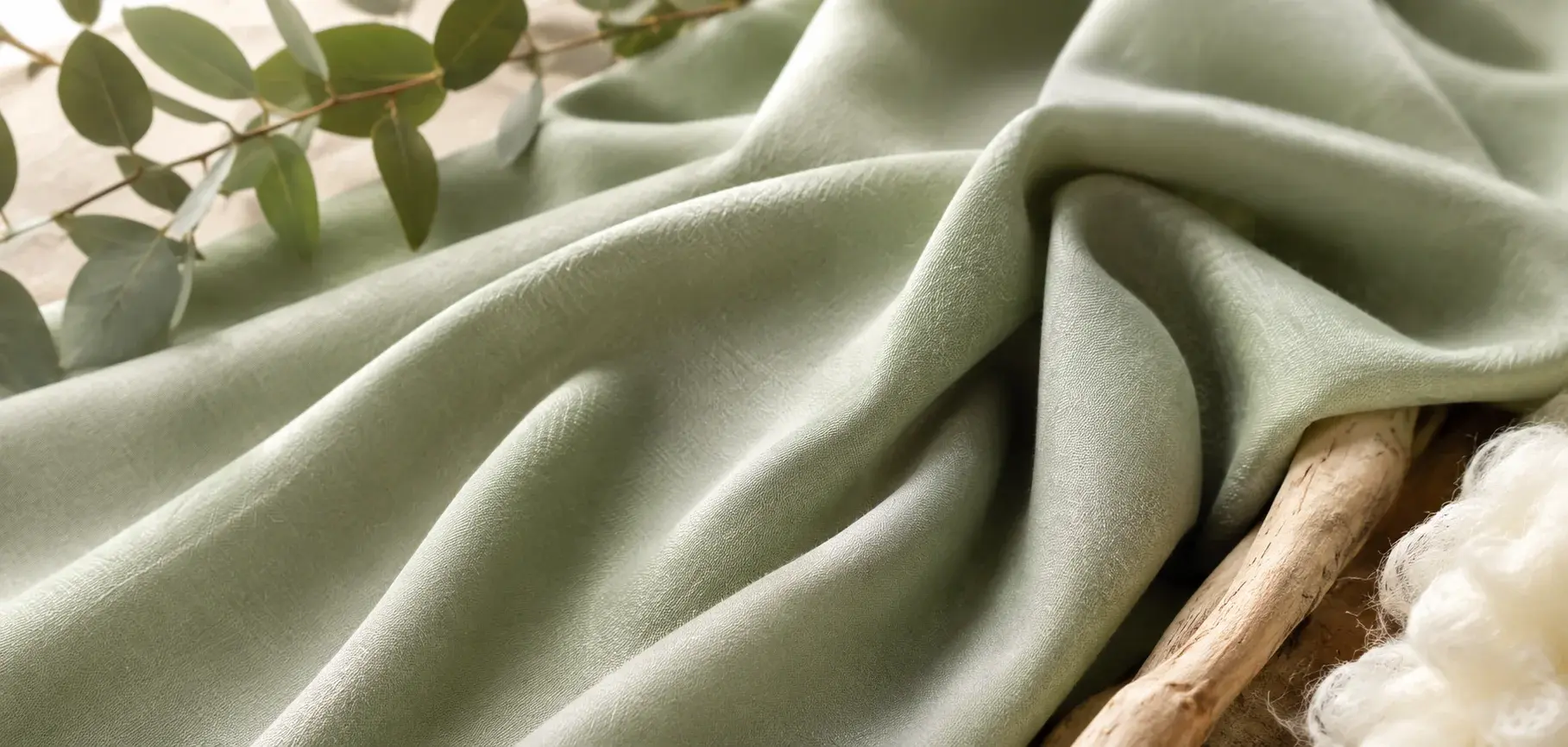 Soft sage green lyocell fabric with smooth drape and natural botanical accents.