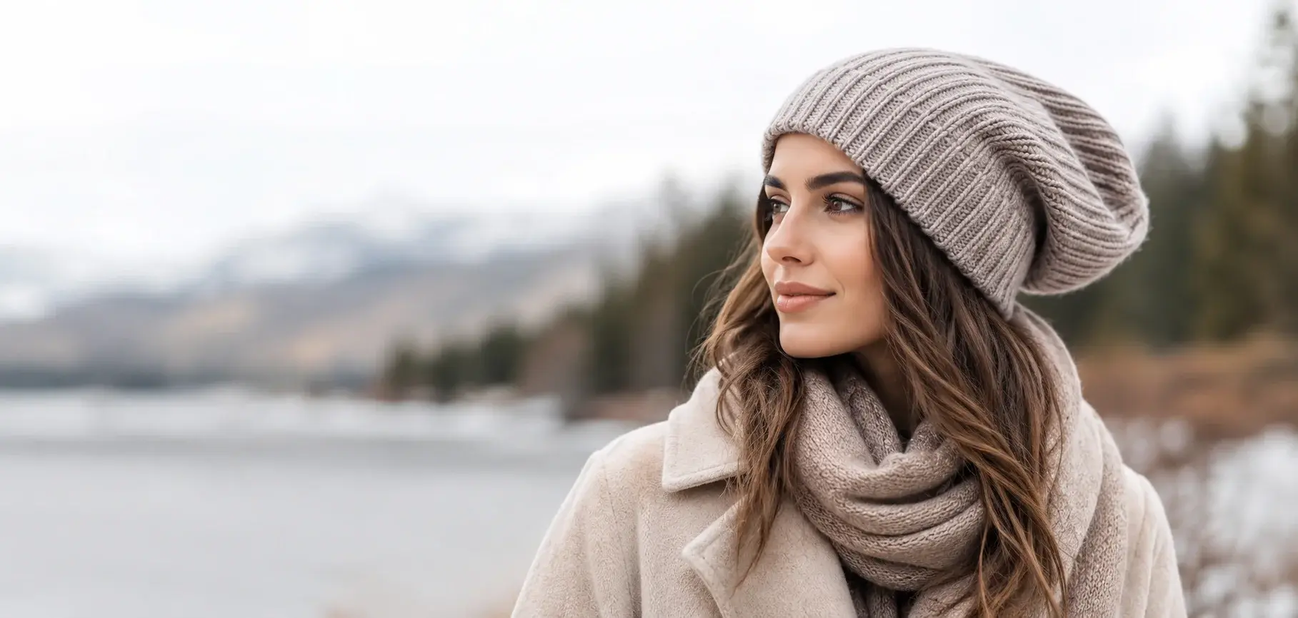 Woman wearing a beige slouchy beanie by a winter lake.