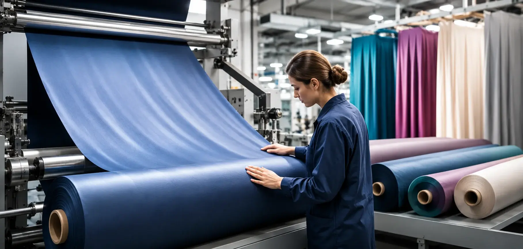 Worker inspecting polyester fabric rolls during the finishing process in a modern textile factory.