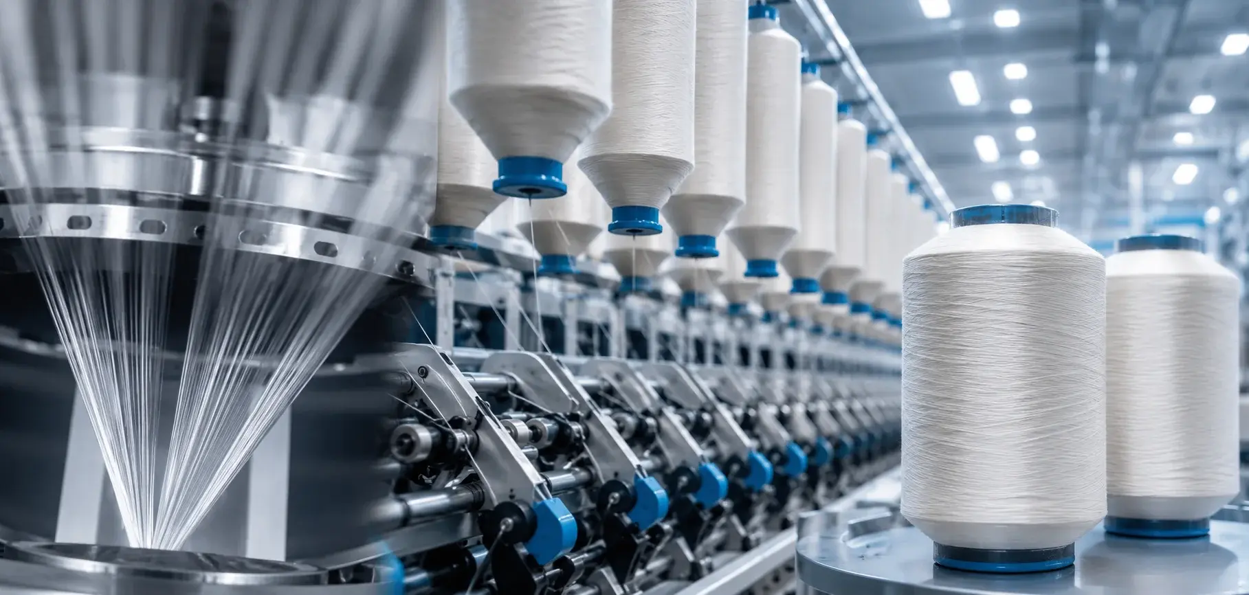 Polyester filaments being spun and wound onto large yarn cones in a modern textile factory.