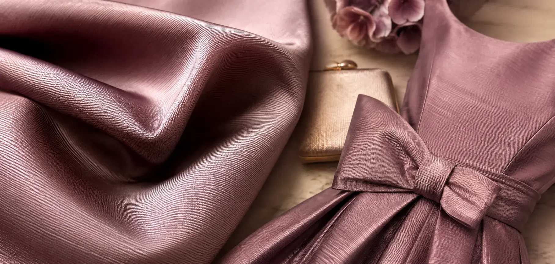 Mauve faille taffeta fabric with fine ribbed texture beside an elegant bow-detail dress.