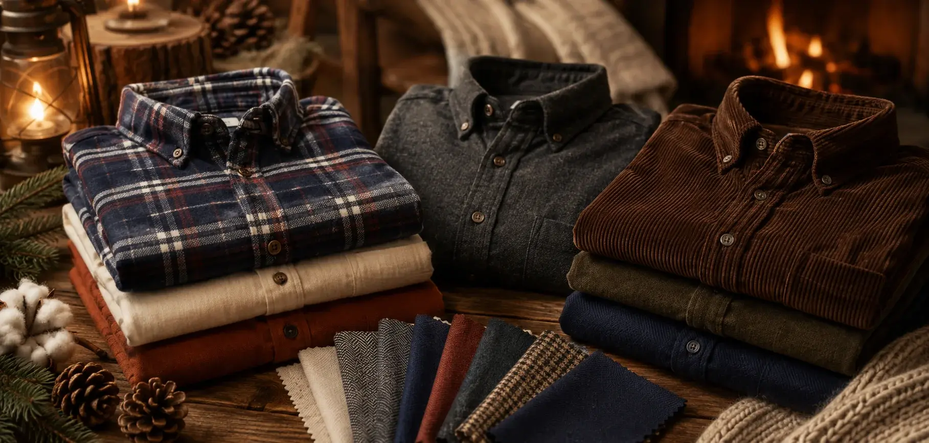 Winter shirts in flannel, corduroy, twill, and brushed fabrics with warm textured swatches.