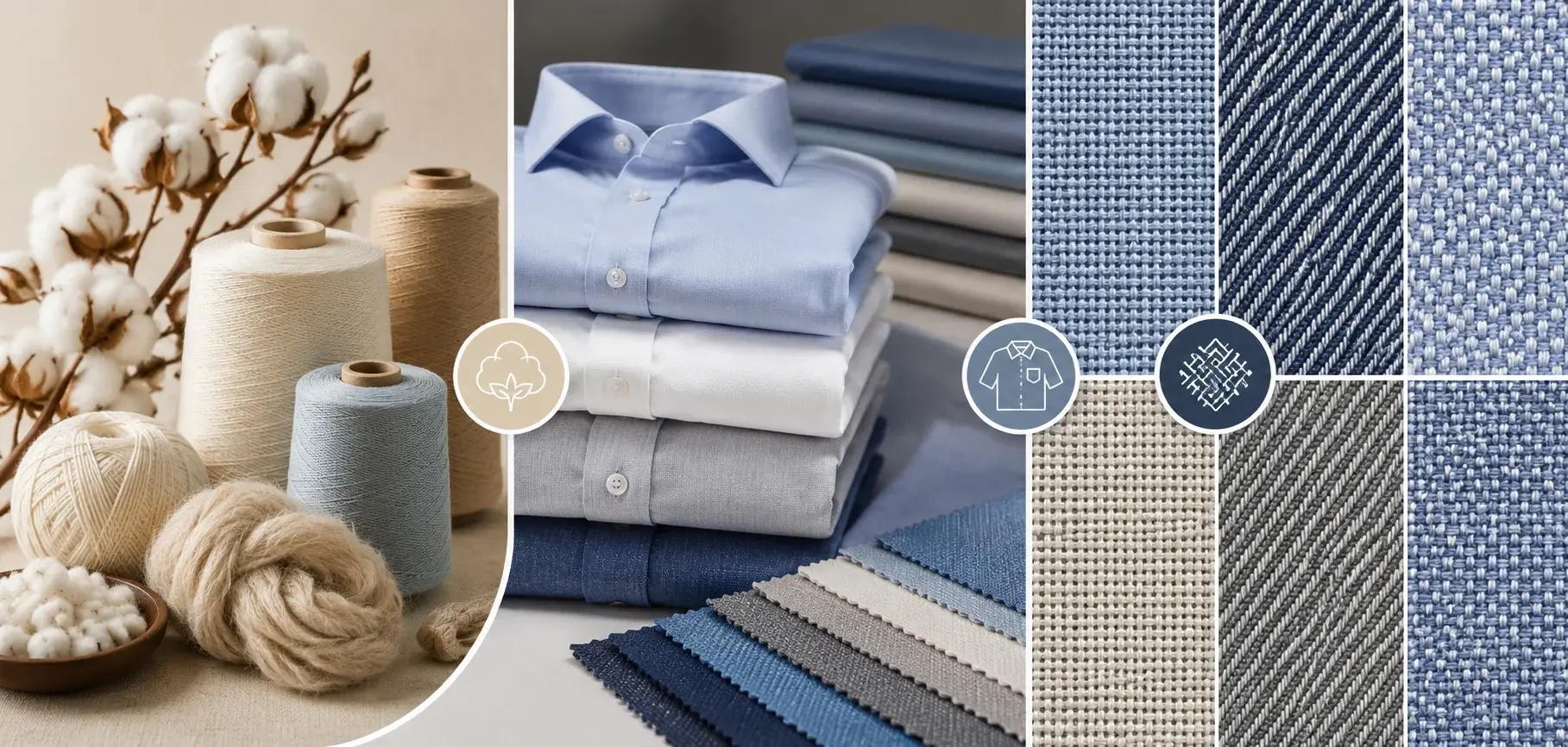 Cotton fibers, yarn spools, folded shirts, fabric swatches, and close-up weave patterns explaining fiber, fabric, and weave differences.