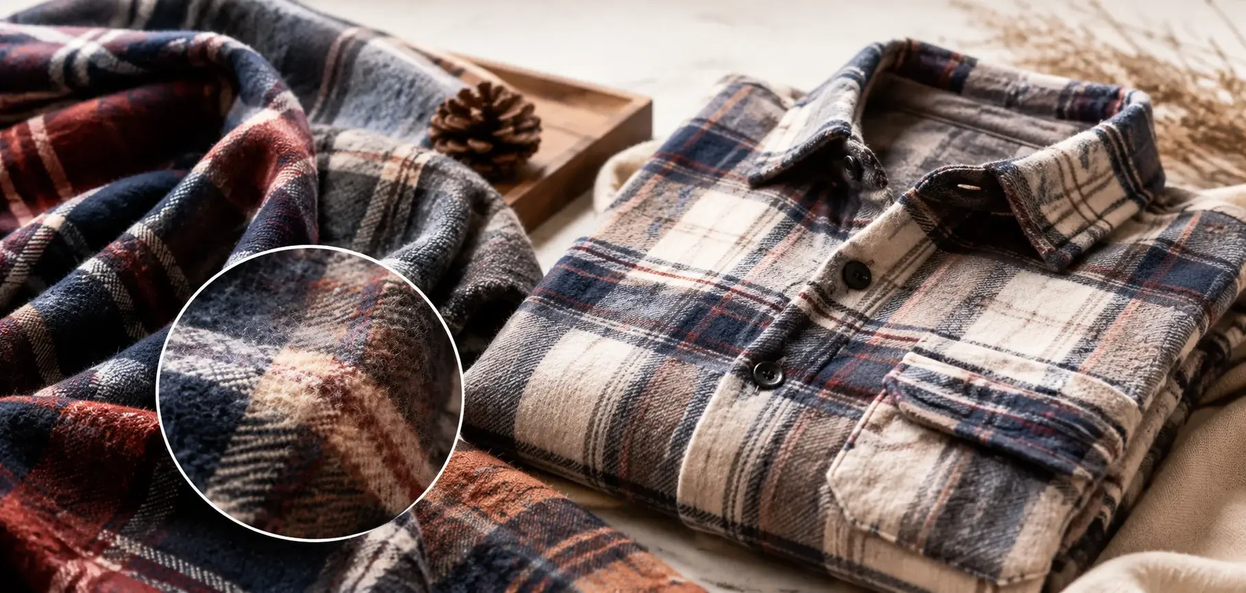 Plaid flannel shirt with soft brushed fabric, warm check pattern, and close-up fuzzy texture.