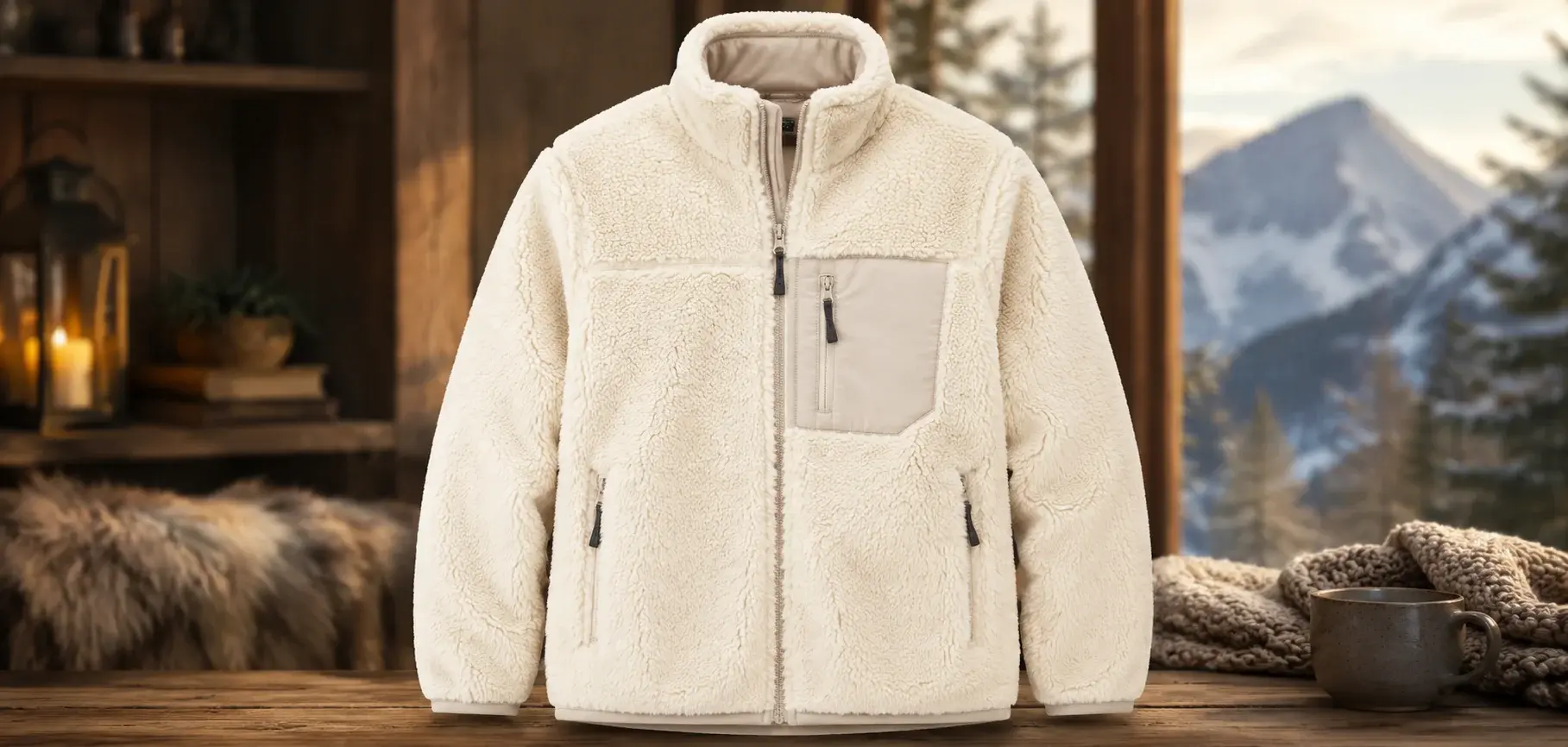 Cream fleece jacket mockup displayed in a cozy cabin setting with mountain views, a candle lantern, and a mug