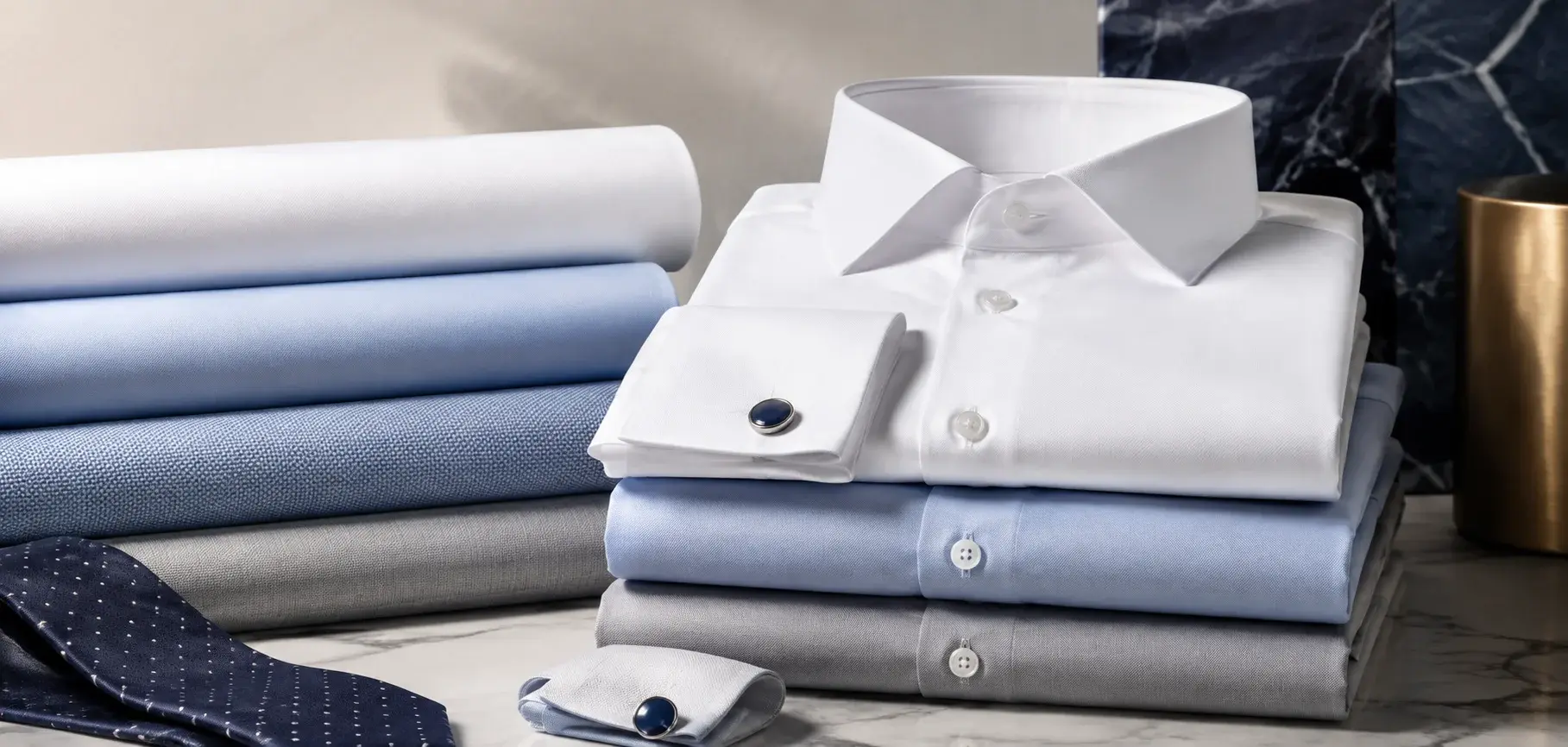 Premium formal shirts in white, light blue, and gray with refined fabric rolls, cufflinks, and tie details.