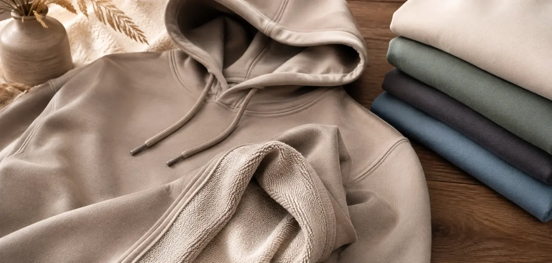 Beige French terry fleece hoodie with looped inner fabric texture and folded garments in neutral tones.