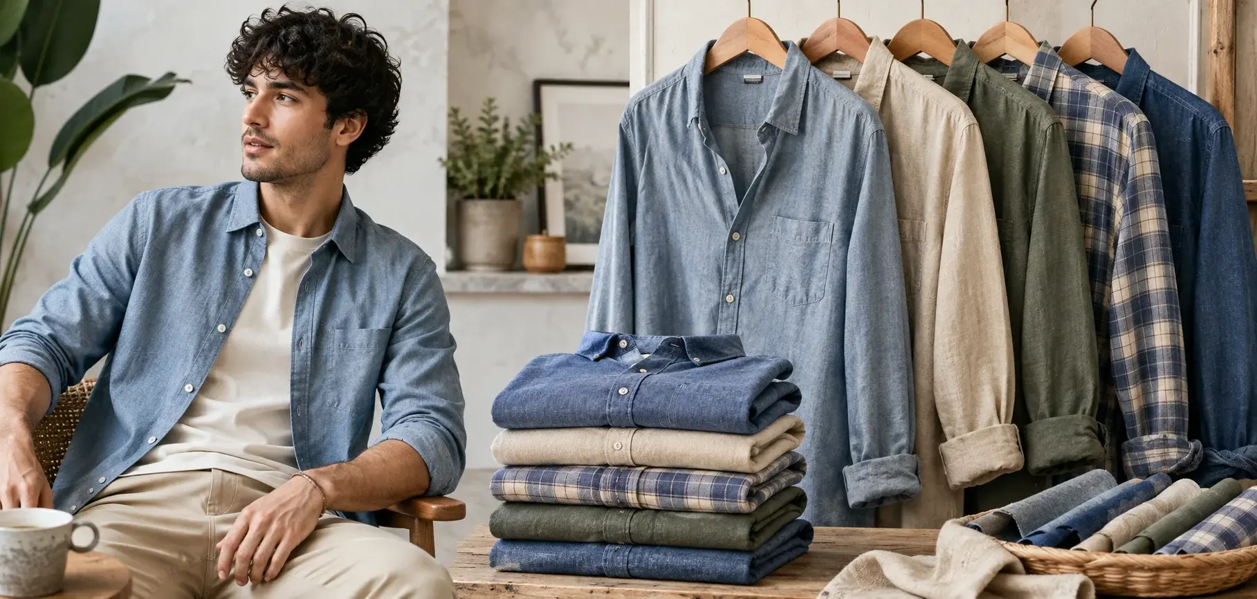 Casual shirts in chambray, denim, cotton, linen, and plaid fabrics displayed with folded and hanging styles.