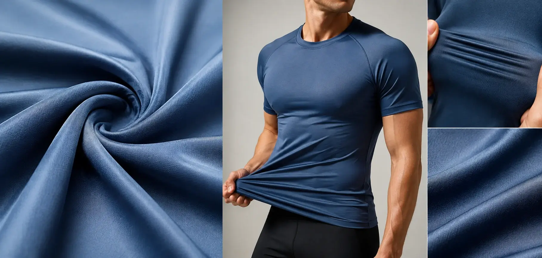 Blue Lycra stretch fabric with a fitted athletic shirt and close-up elastic texture.