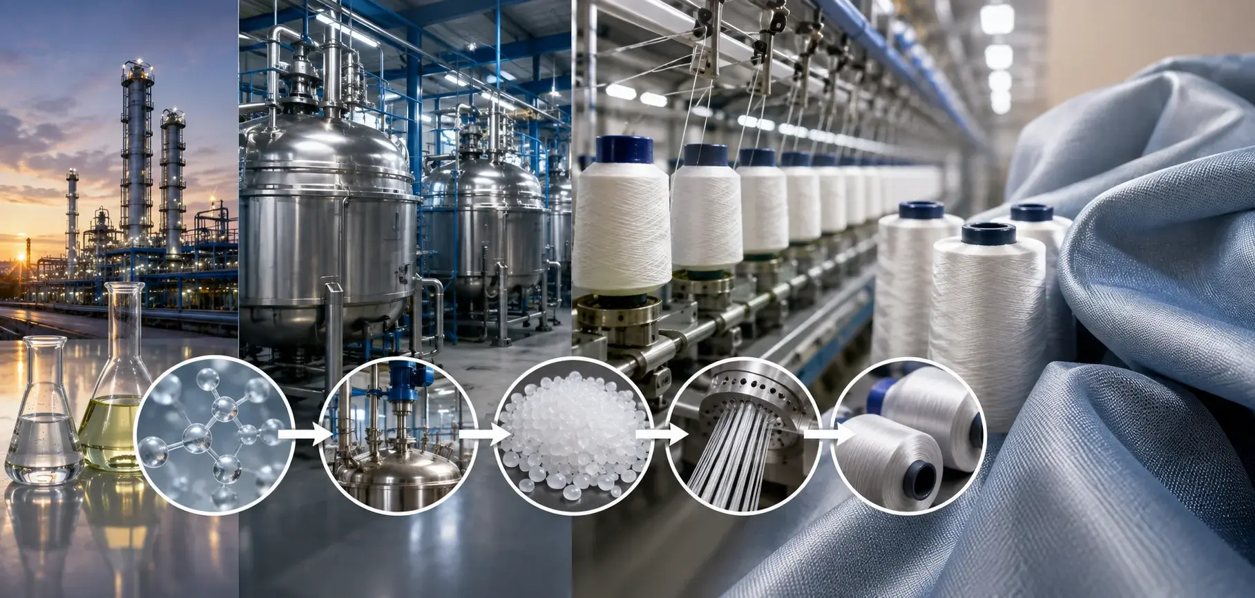 Polyester fabric production process showing chemical synthesis, polymer pellets, extrusion, spinning, and finished polyester fabric.