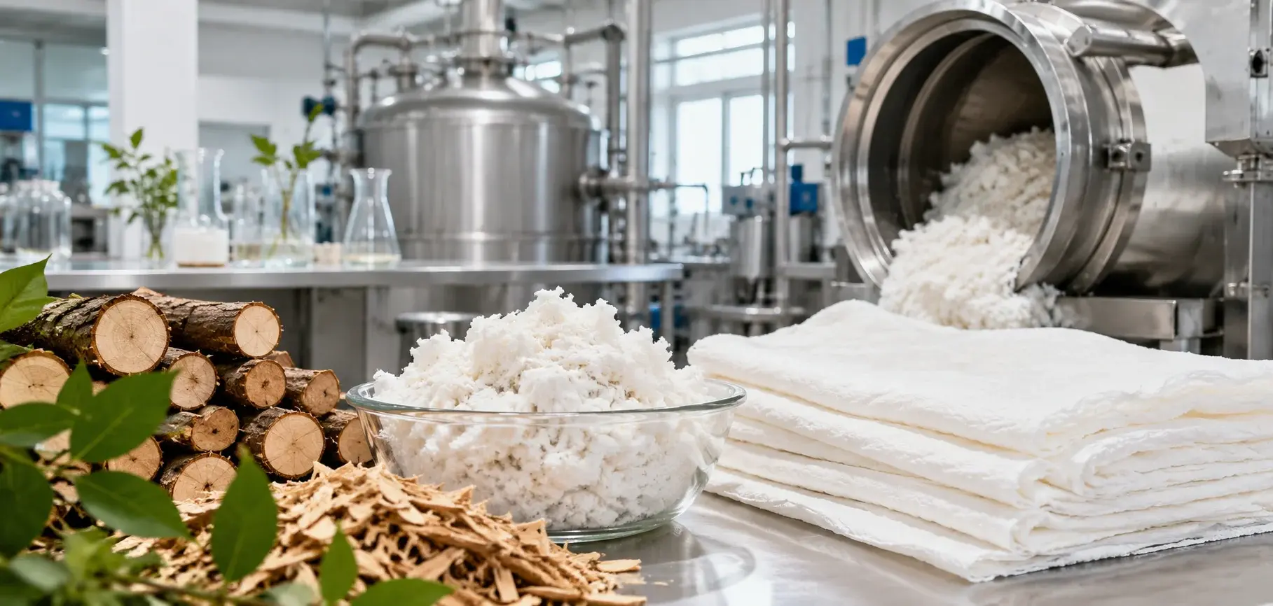 Wood pulp and purified cellulose fibers being processed in a viscose fabric manufacturing facility.
