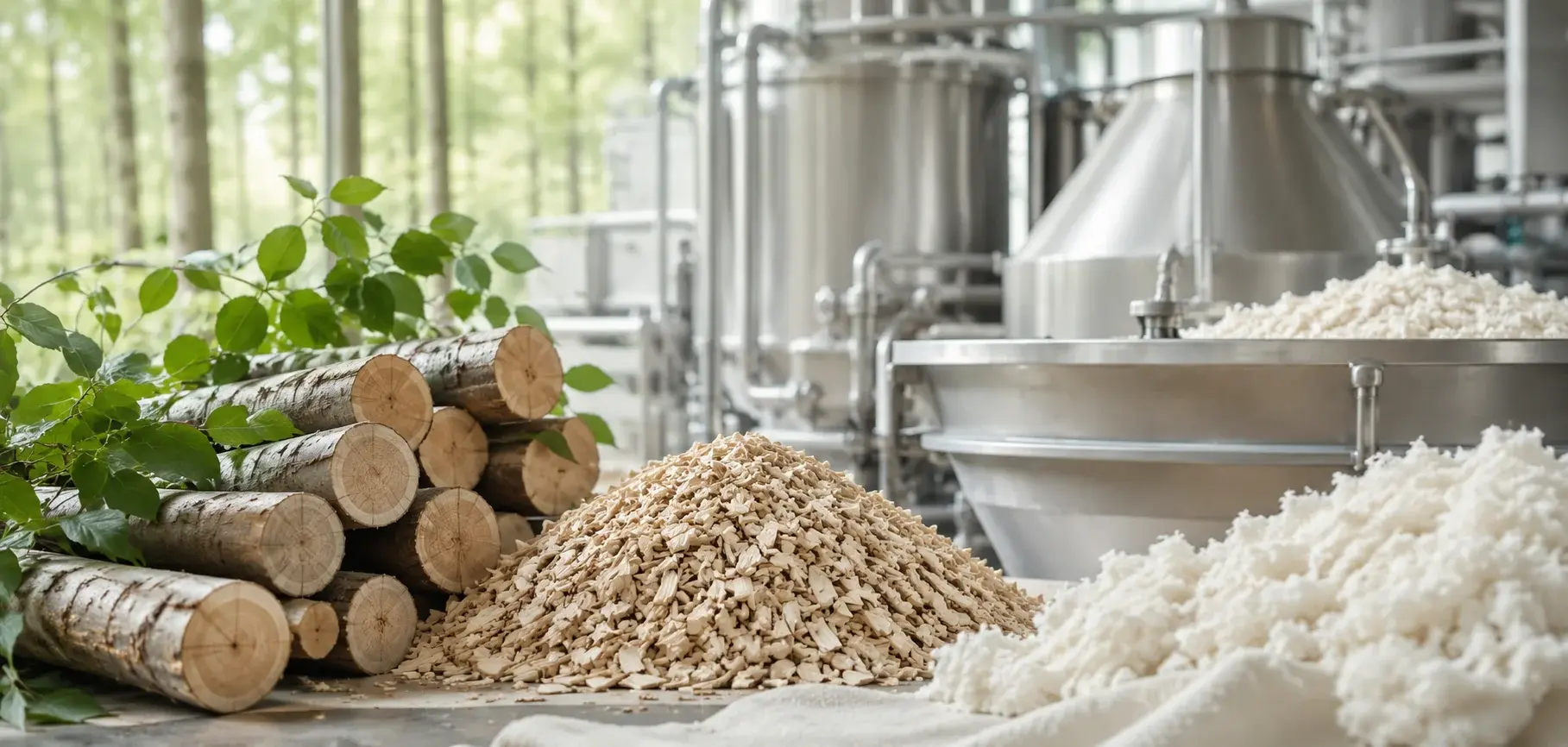Beechwood logs and wood pulp being processed in a factory during modal fabric production.
