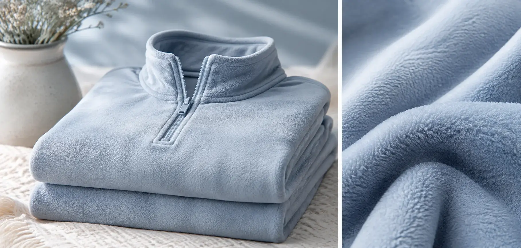 Light blue micro fleece quarter-zip pullover with a close-up of its soft, fine-textured fleece fabric.