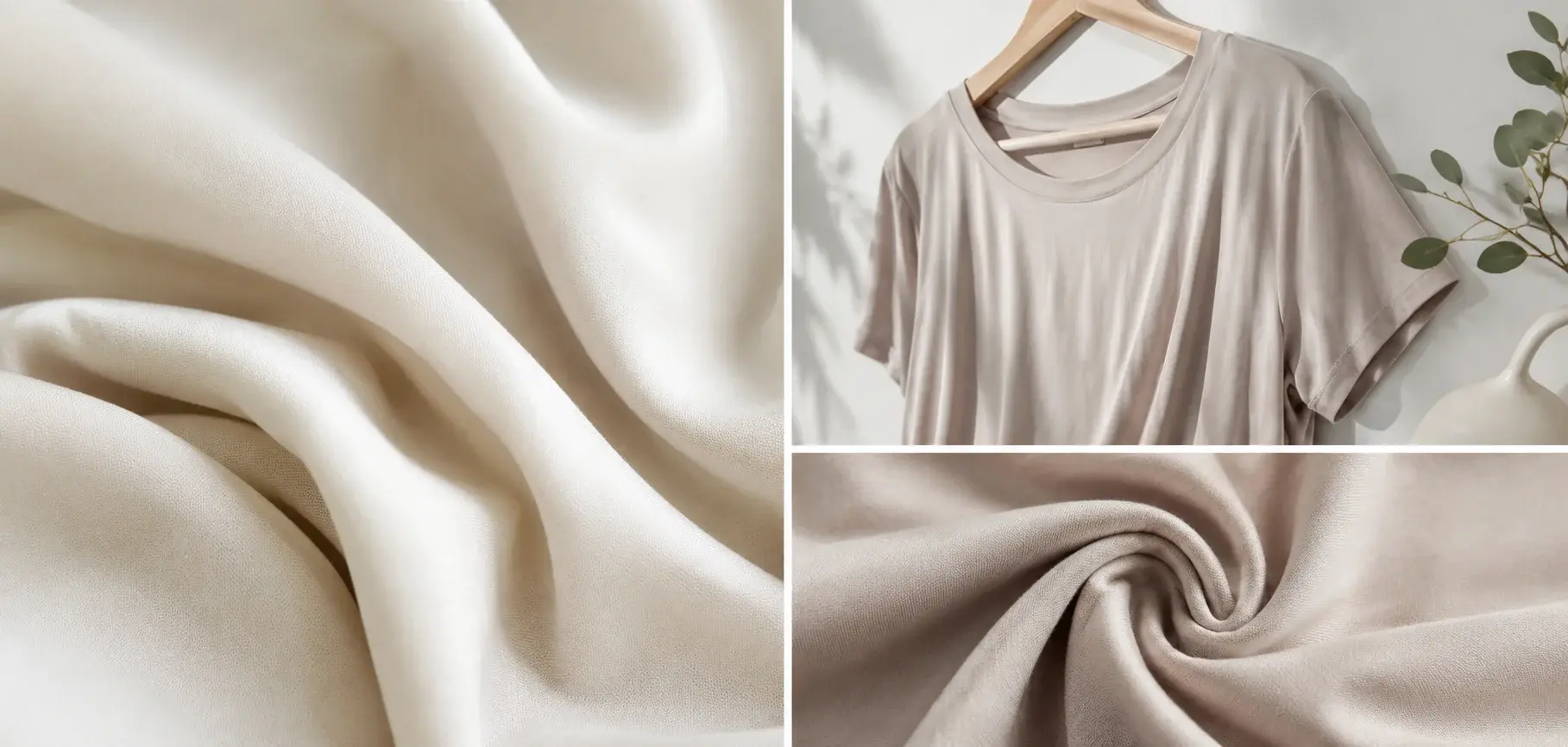 Soft beige modal fabric with smooth drape, close-up texture, and a lightweight modal T-shirt.
